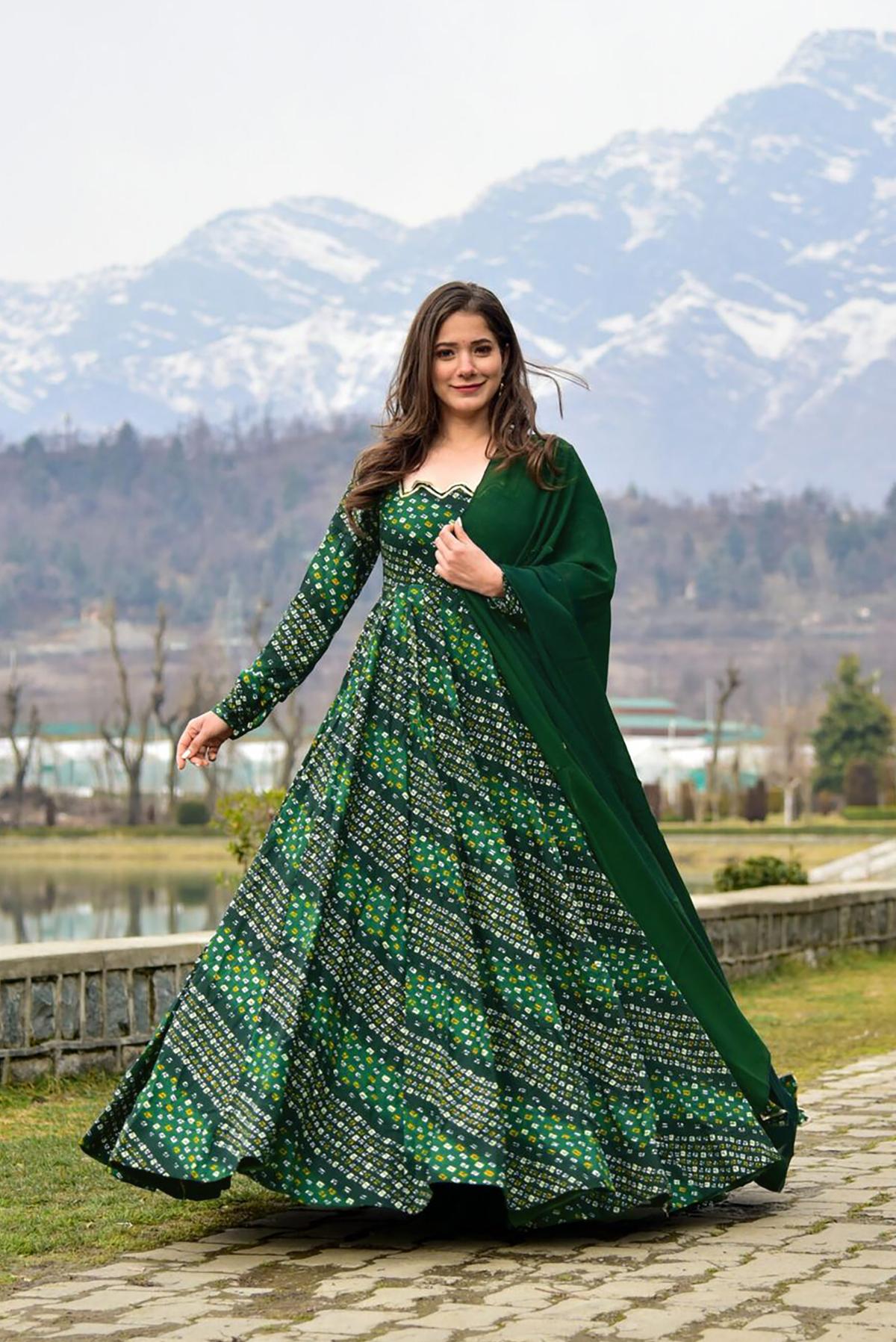 Green Printed Long Gown