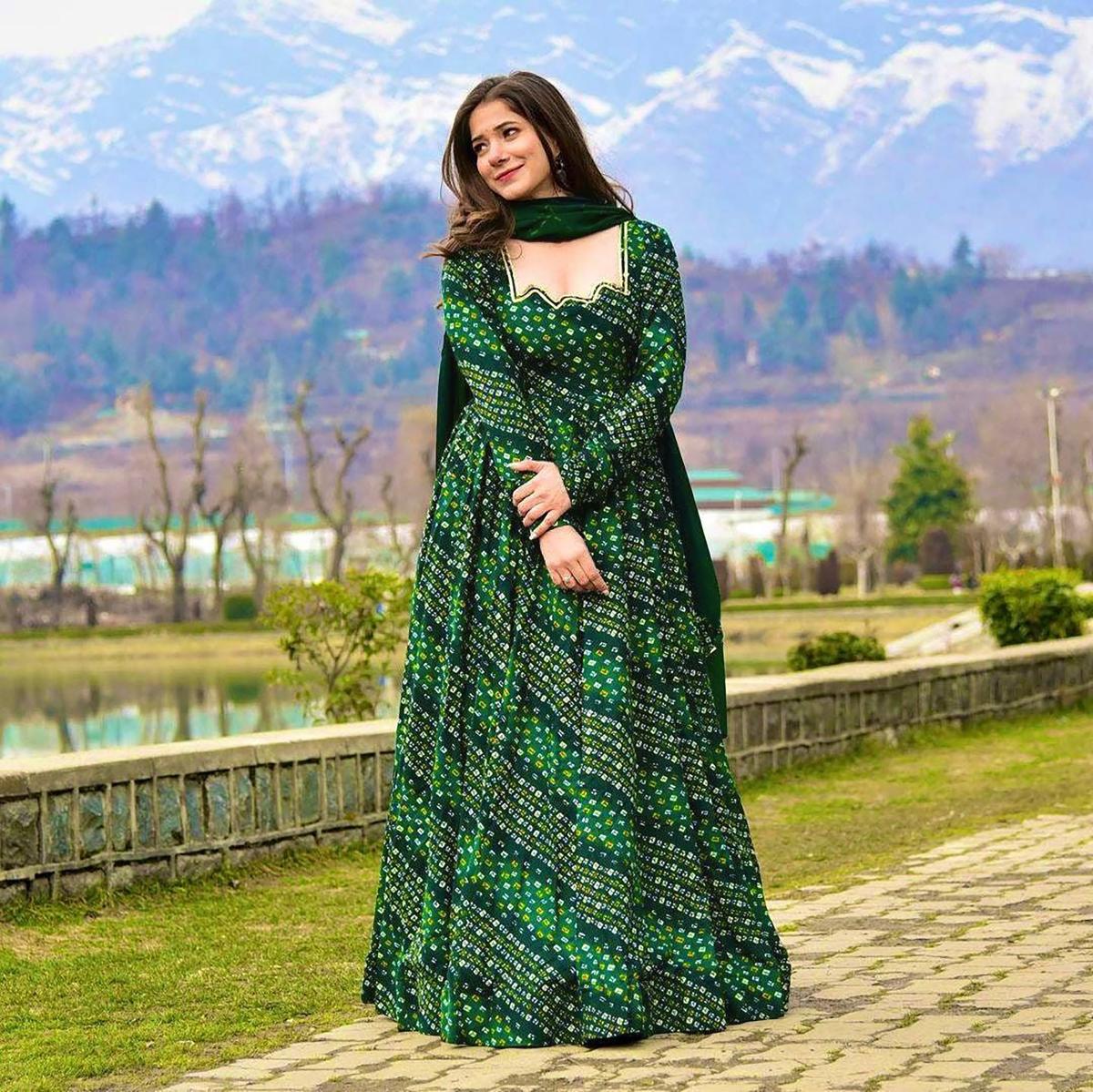 Green Printed Long Gown