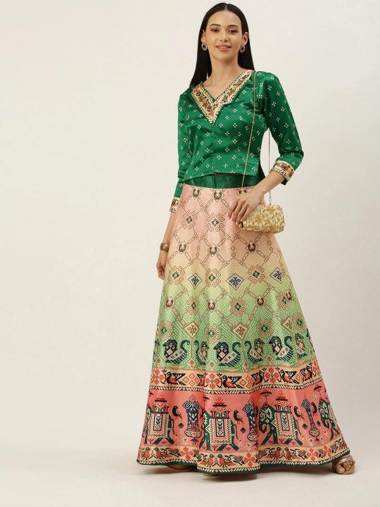 Green Printed Multicolor Crop Top Lehenga
