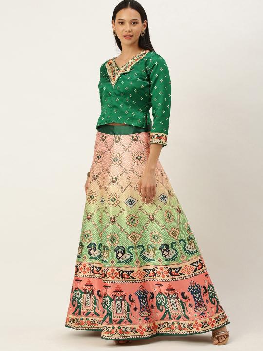 Green Printed Multicolor Crop Top Lehenga
