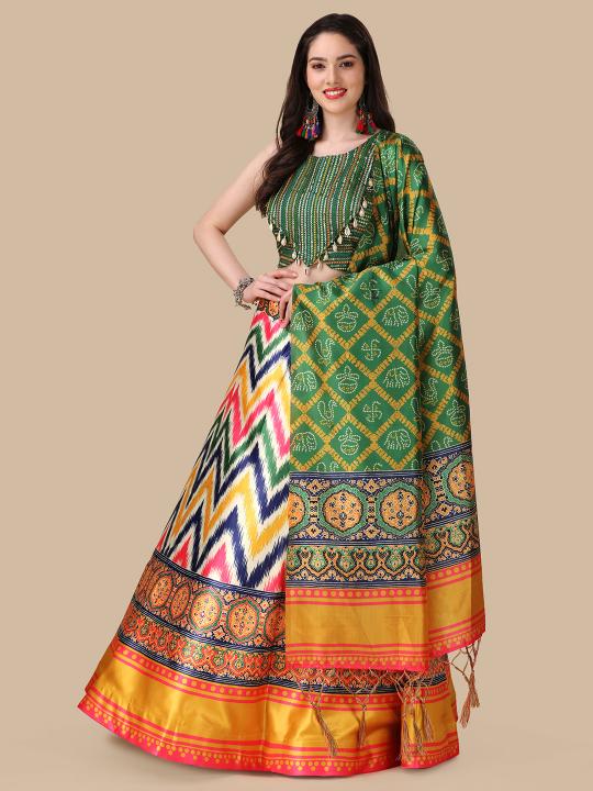 Green Printed Satin Silk Lehenga