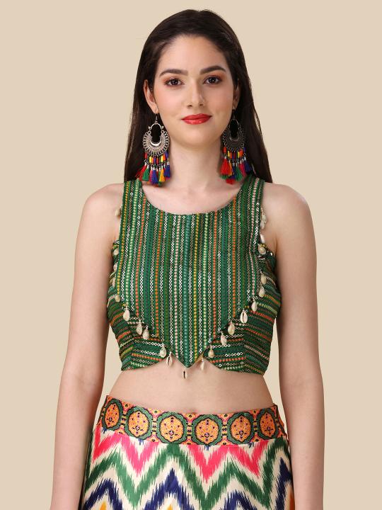 Green Printed Satin Silk Lehenga
