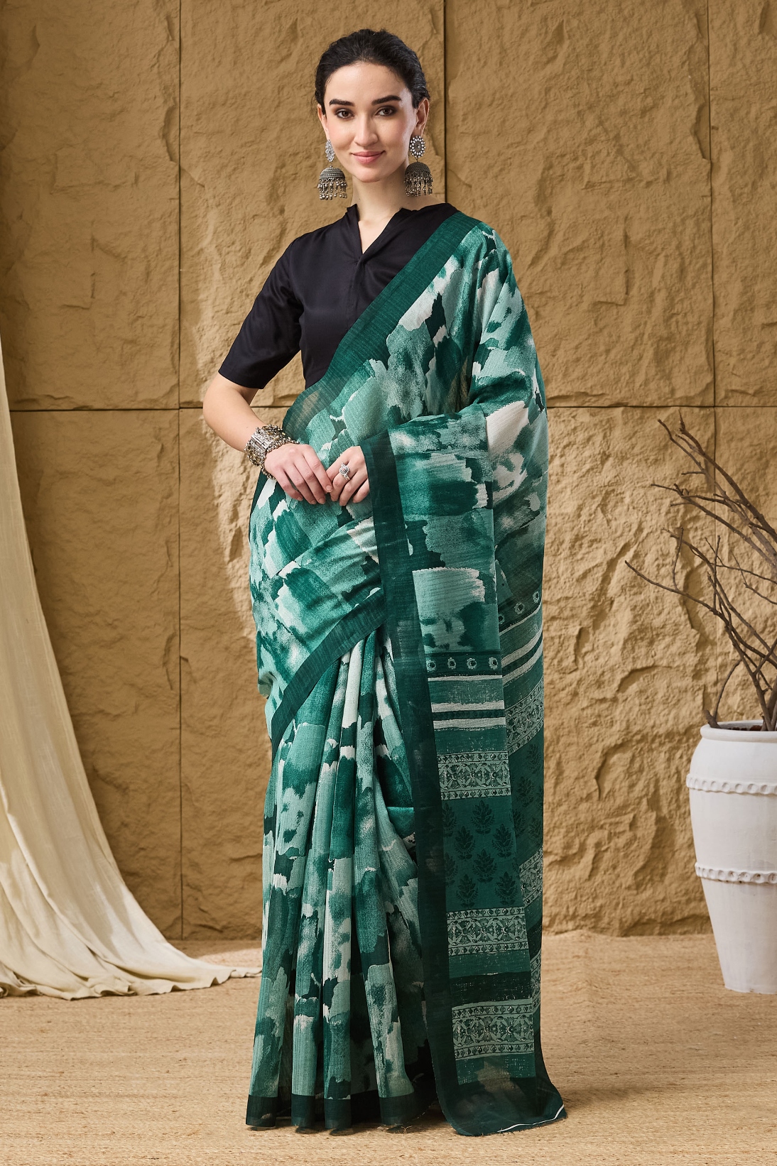 Green Printed Silk Blend Ready To Wear Saree