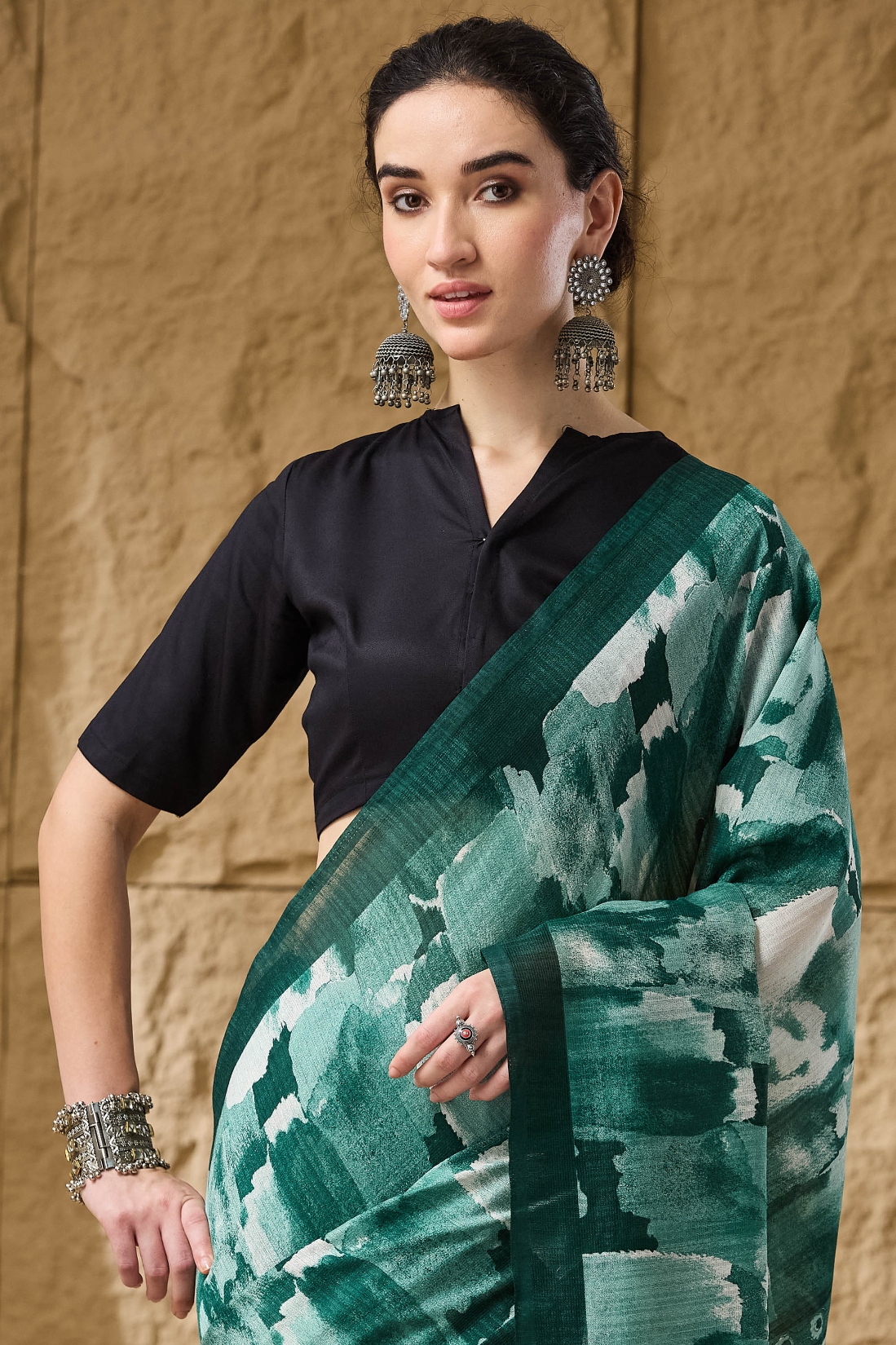 Green Printed Silk Blend Ready To Wear Saree