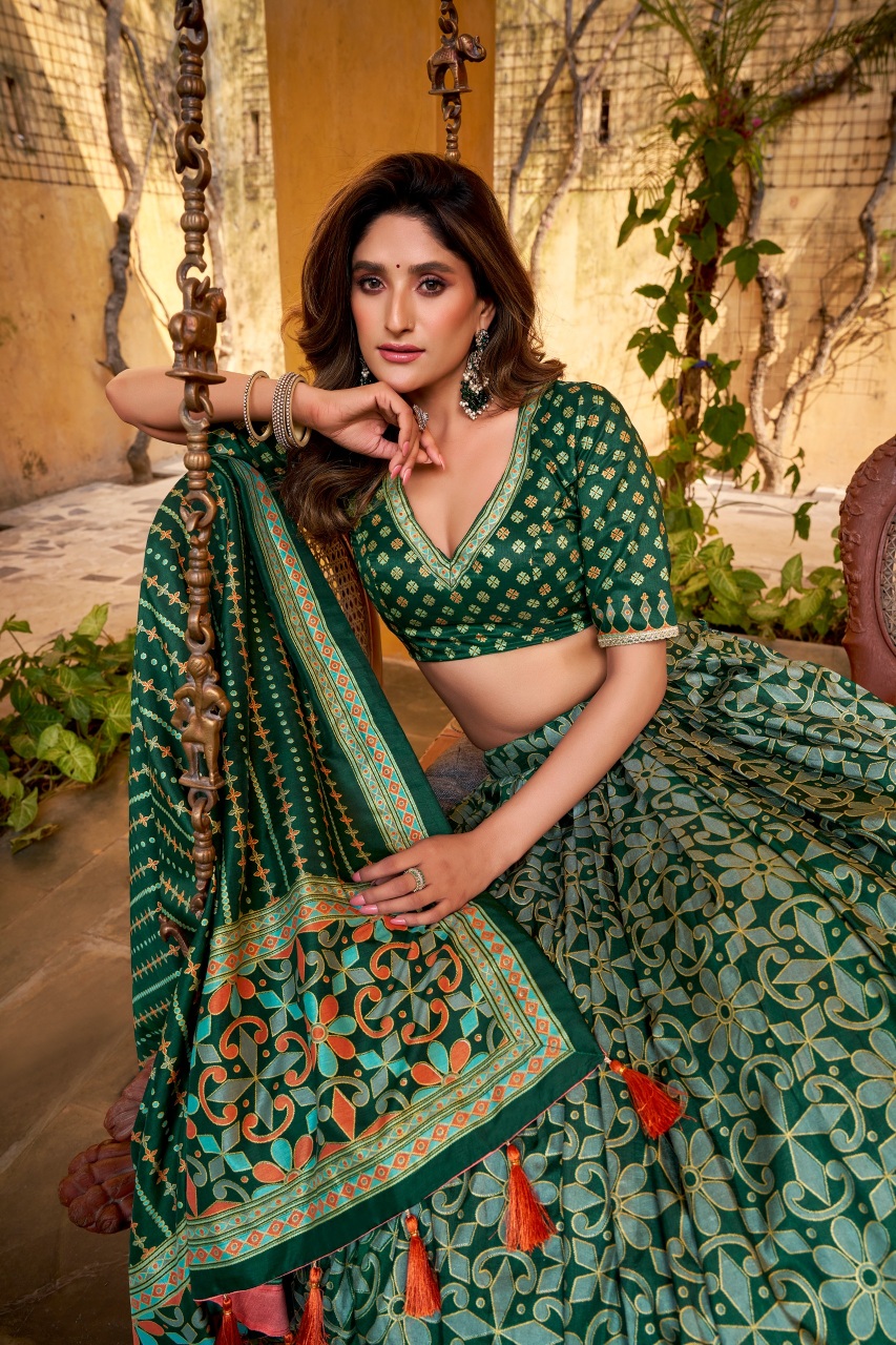 Green Printed Tussar Silk Lehenga Set