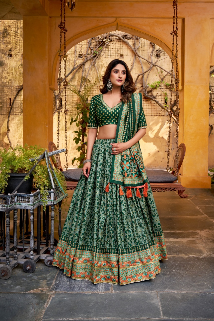 Green Printed Tussar Silk Lehenga Set