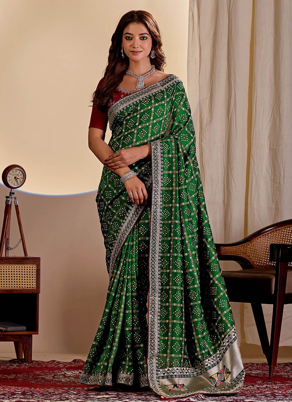 Green Printed Vichitra Saree