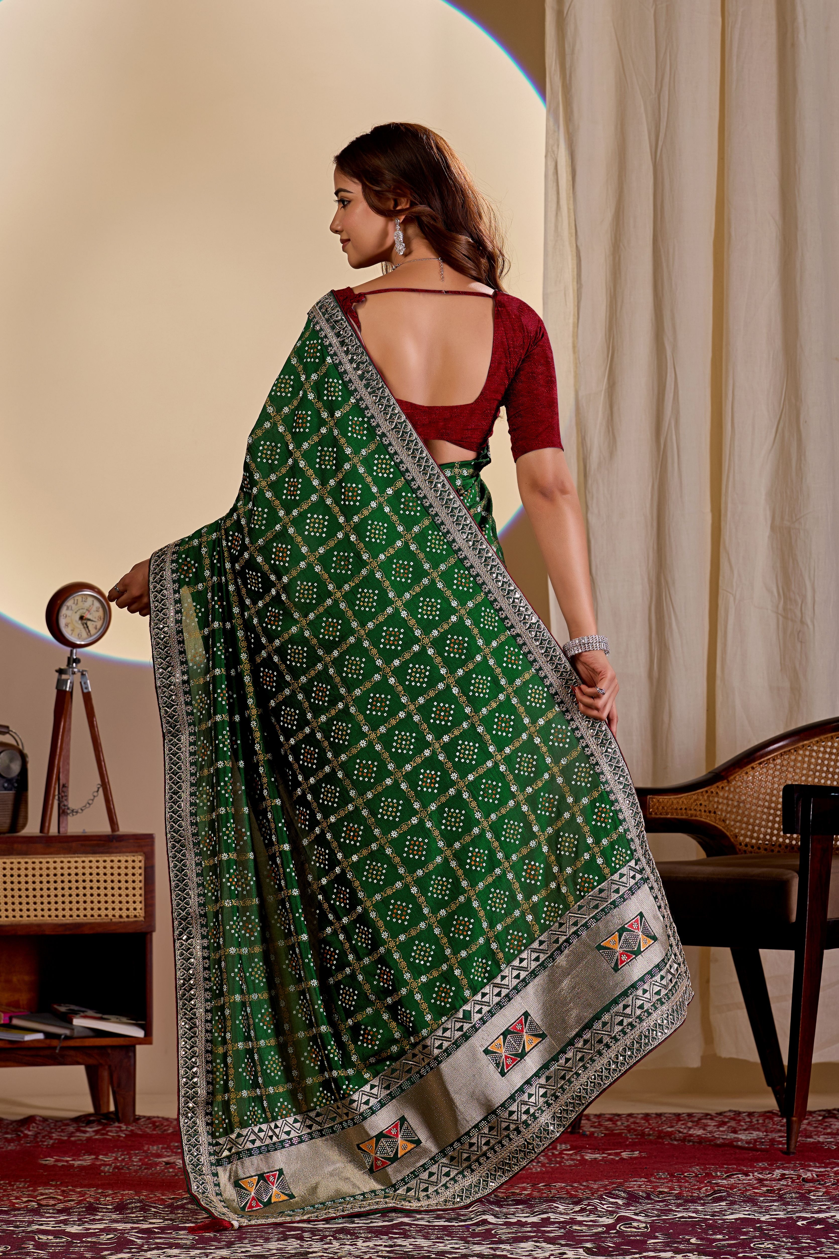Green Printed Vichitra Saree — alternate view