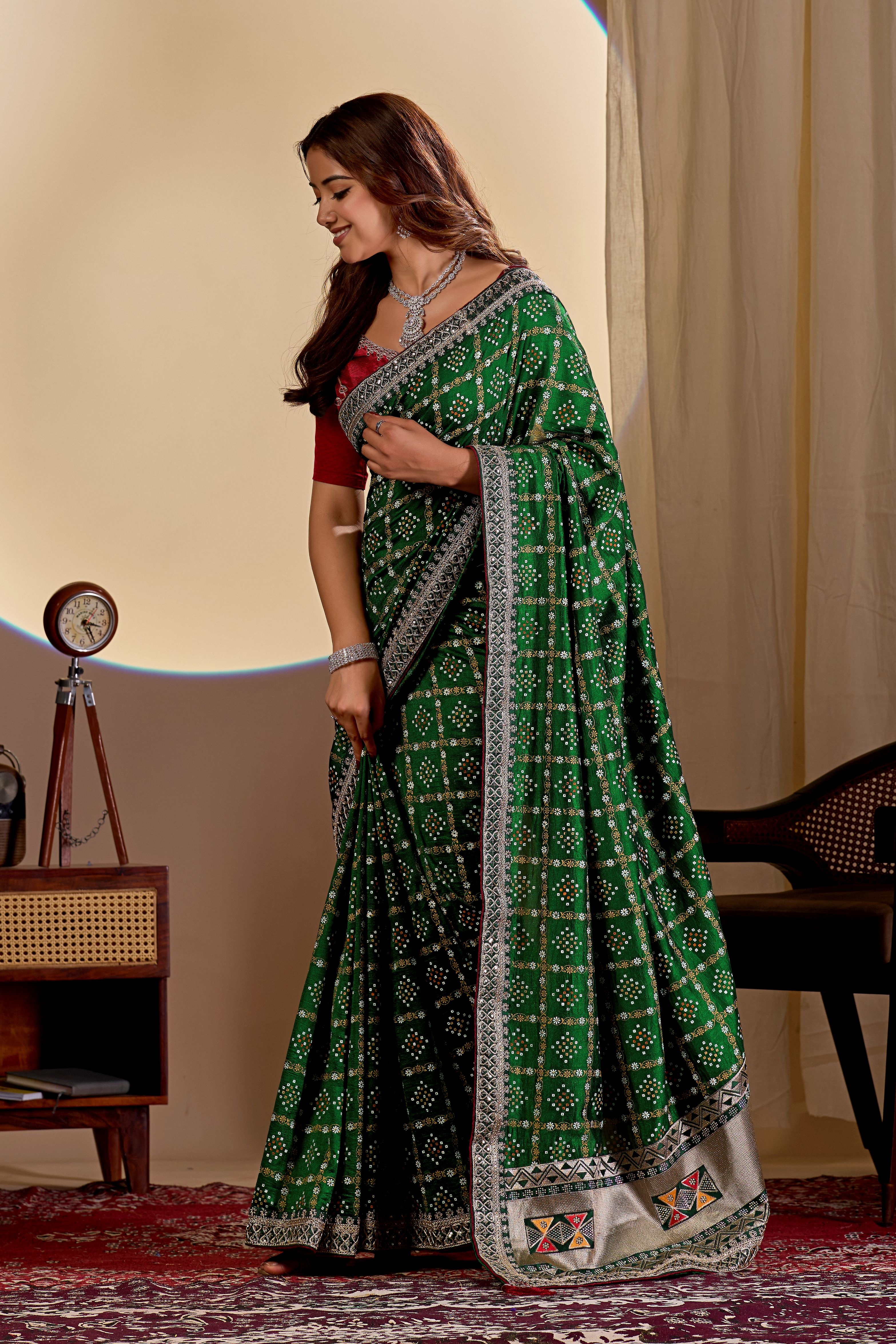 Green Printed Vichitra Saree