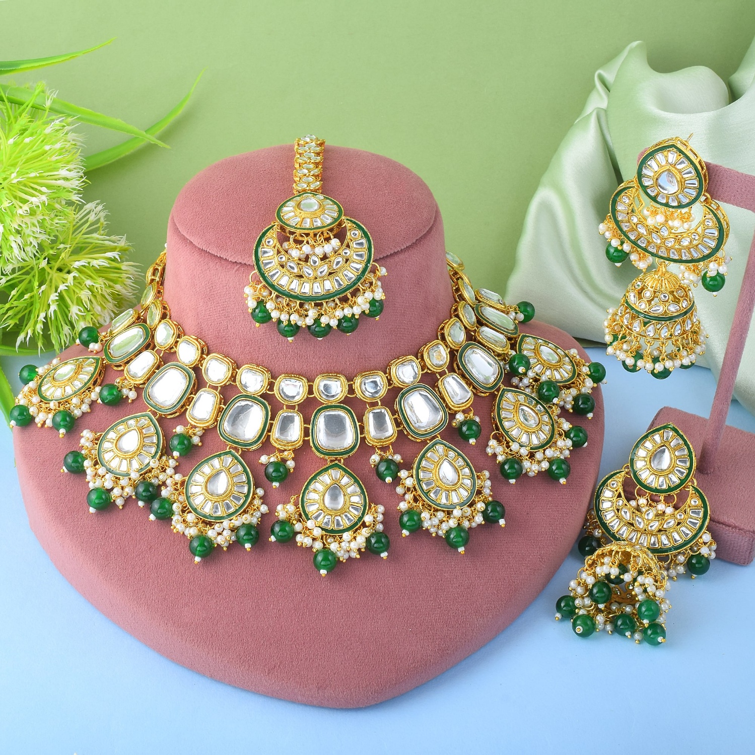 Green Rajwadi Kundan Bridal Jewellery Set