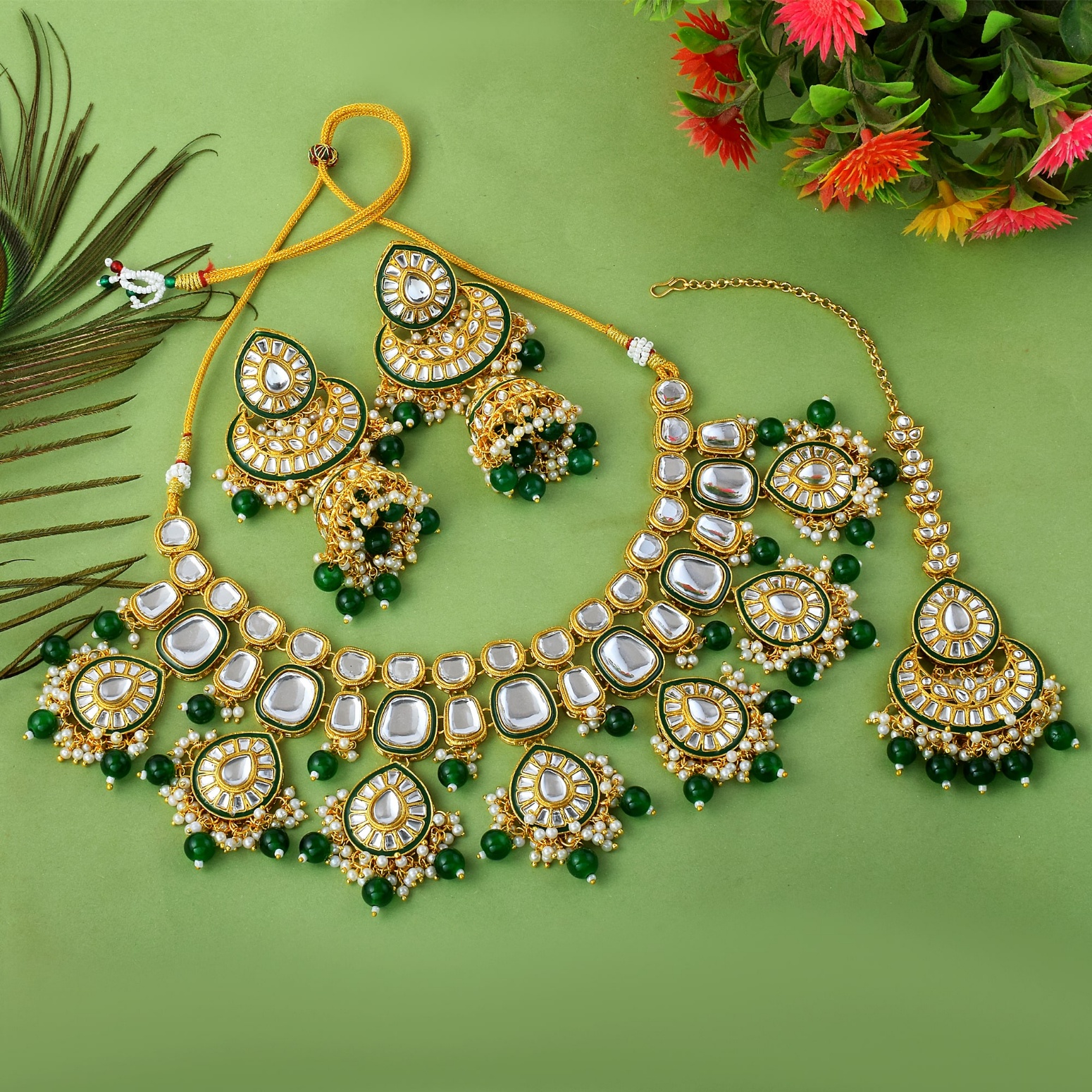 Green Rajwadi Kundan Bridal Jewellery Set