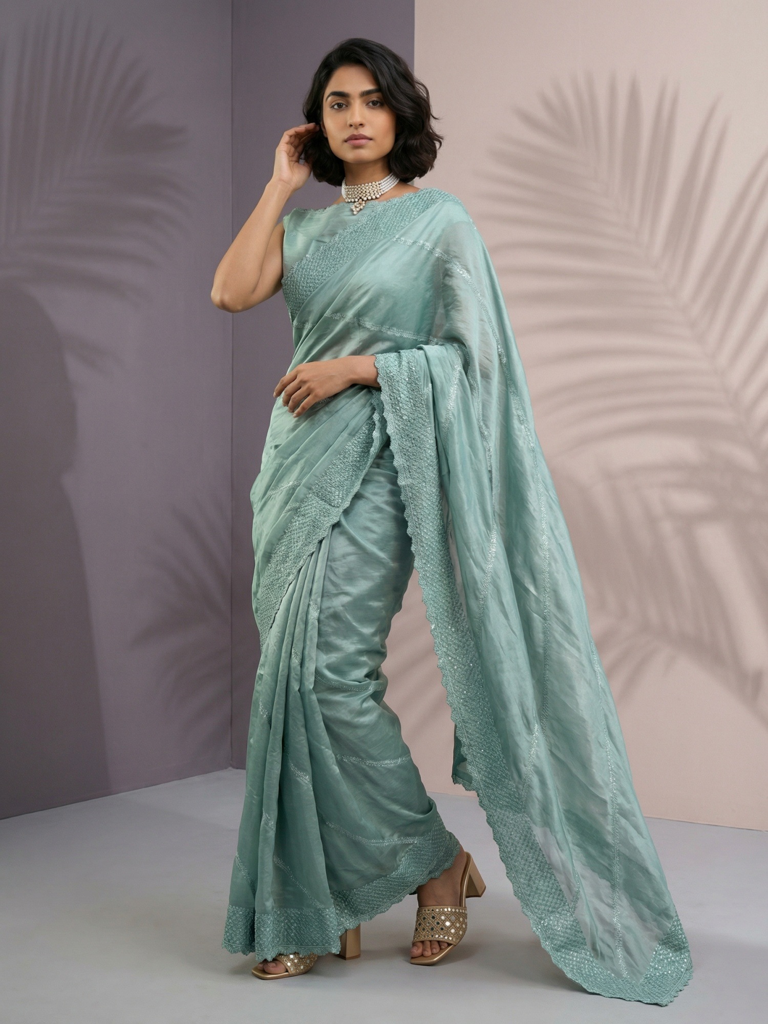 Green Raspberry Silk Thread Lehariya Embroidery Saree