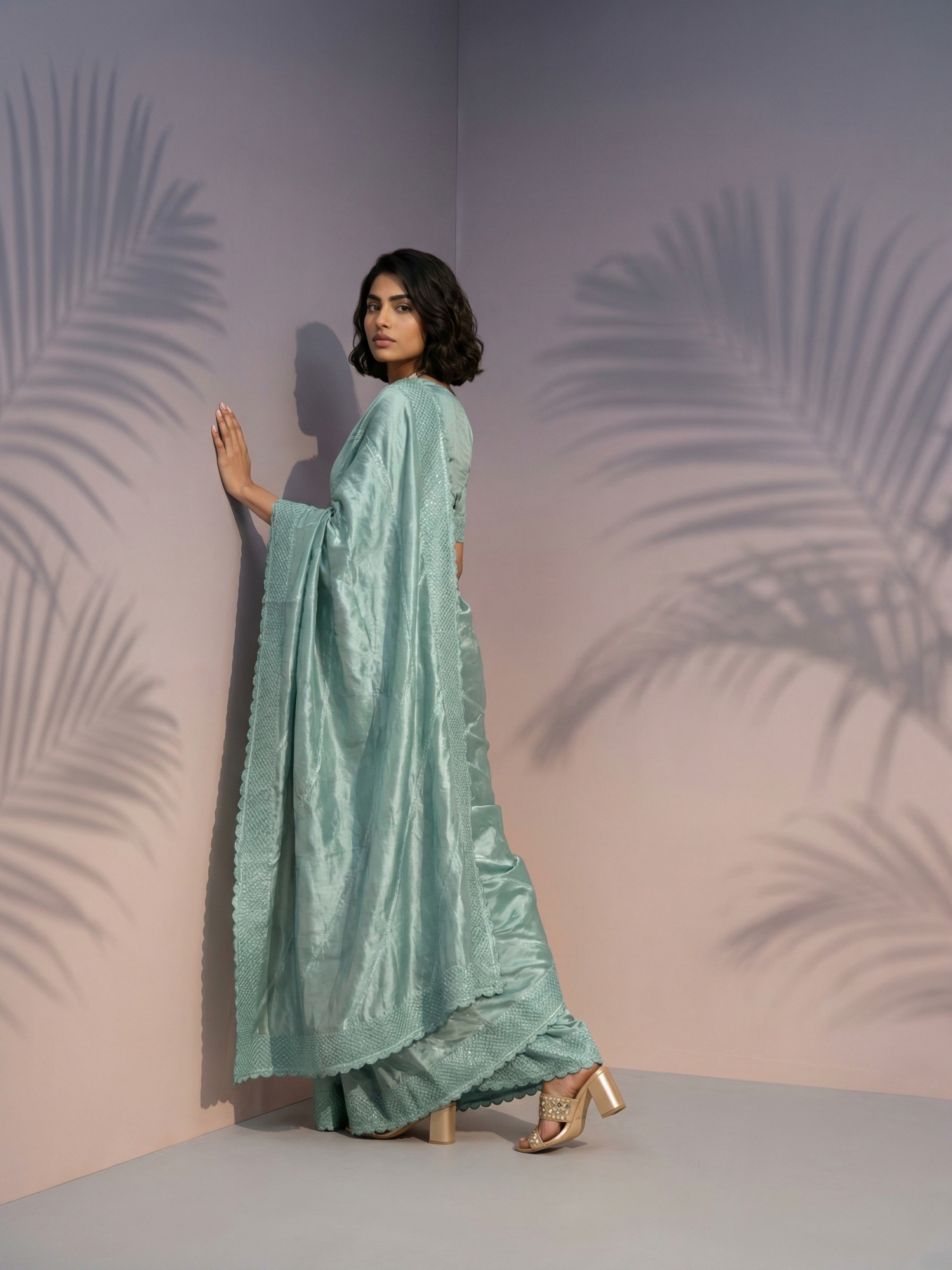 Green Raspberry Silk Thread Lehariya Embroidery Saree — alternate view