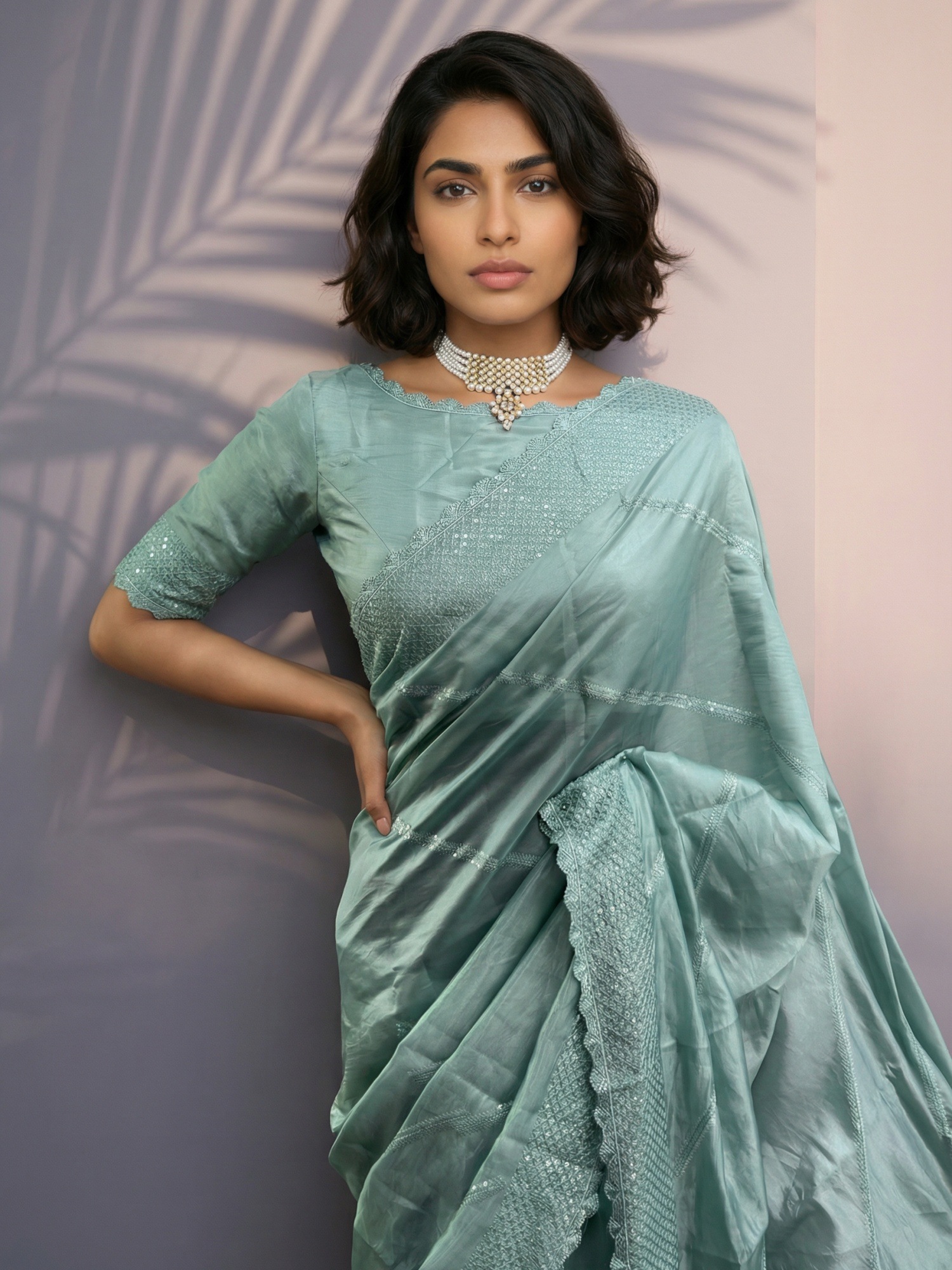 Green Raspberry Silk Thread Lehariya Embroidery Saree
