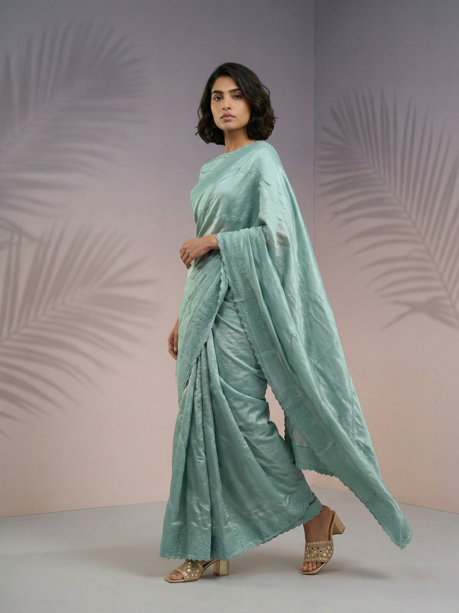 Green Raspberry Silk Thread Lehariya Embroidery Saree