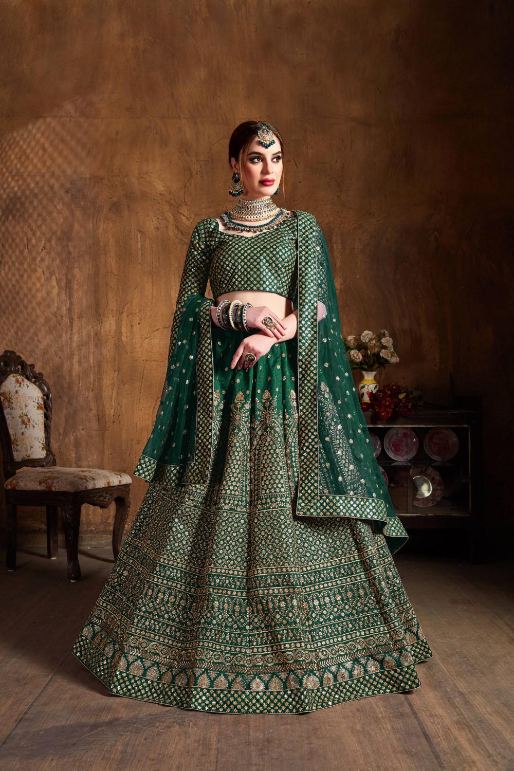 Green Raw Silk Lehenga Choli