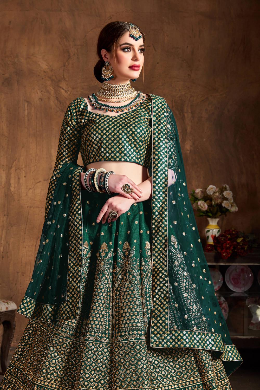 Green Raw Silk Lehenga Choli