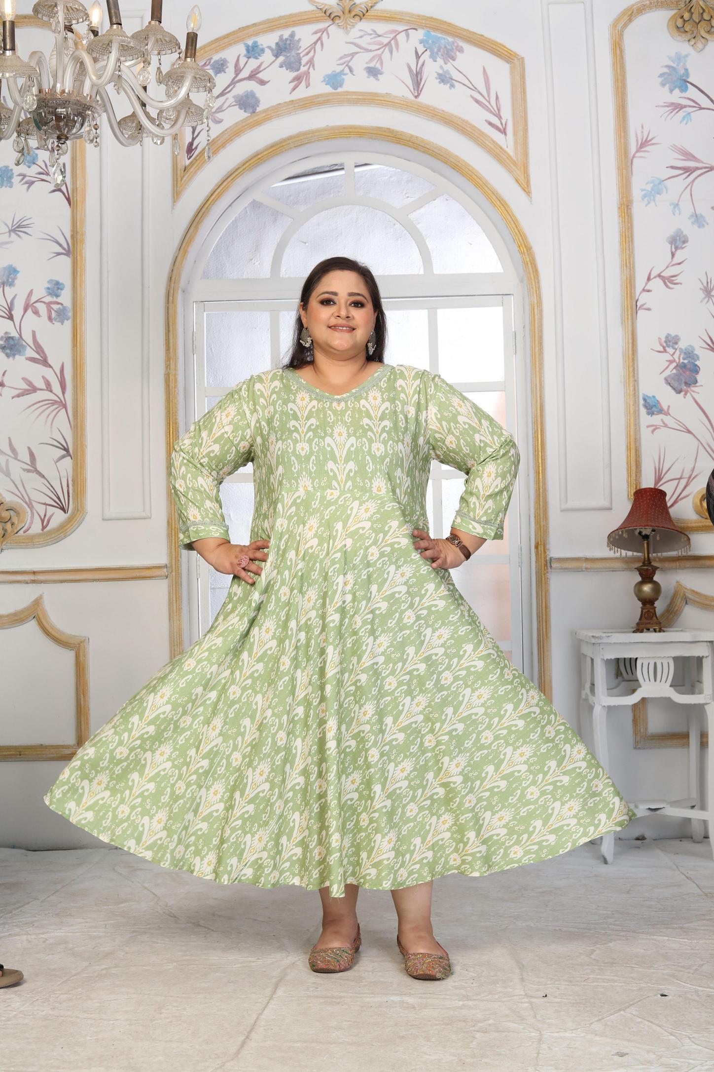 Green Rayon Designer Printed Long Kurti