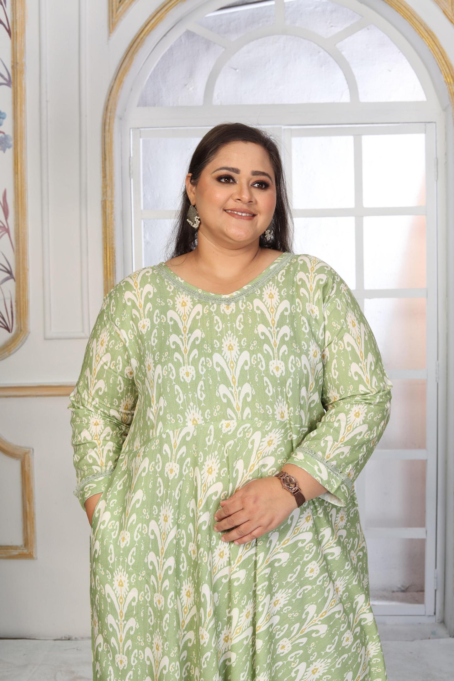 Green Rayon Designer Printed Long Kurti