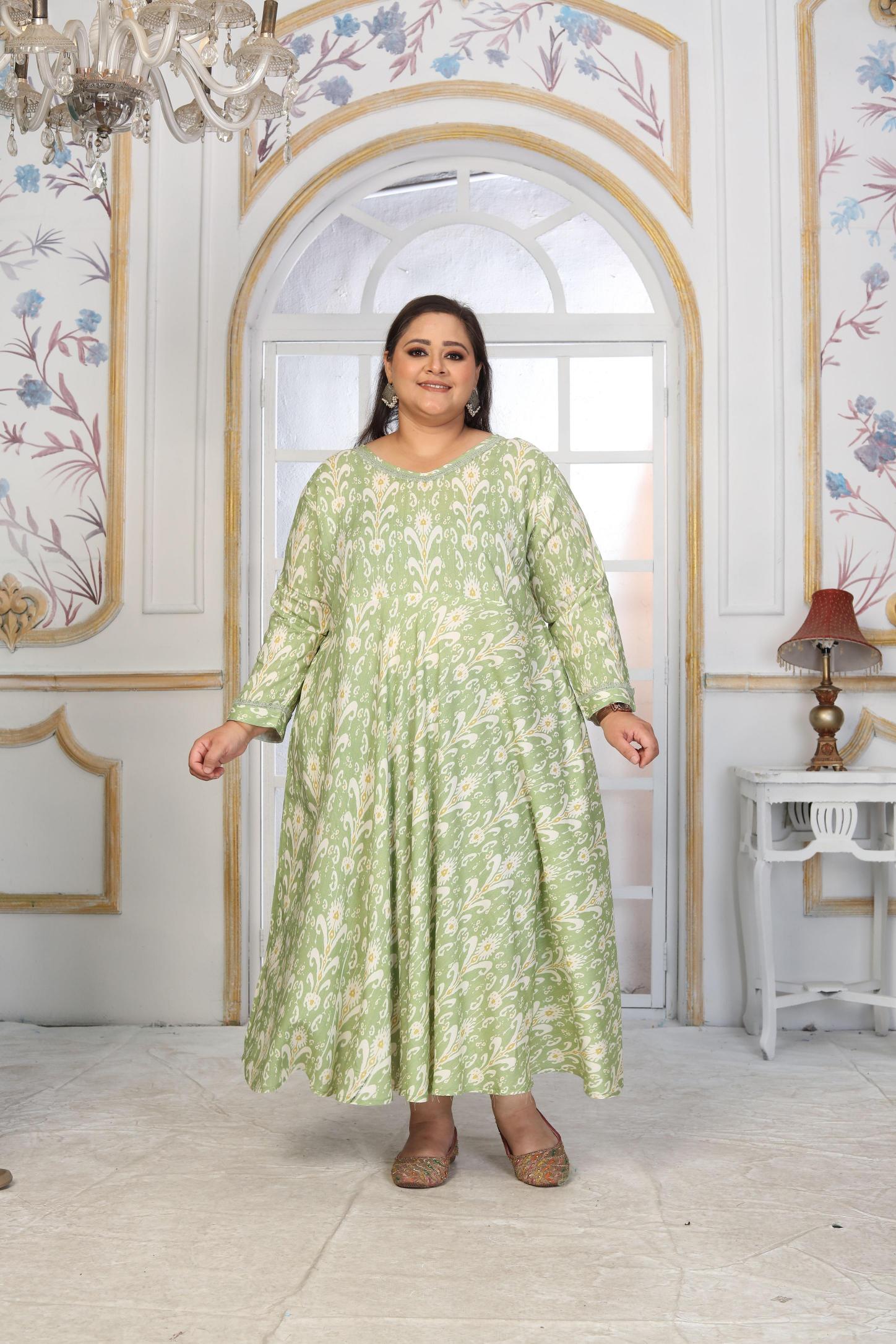 Green Rayon Designer Printed Long Kurti