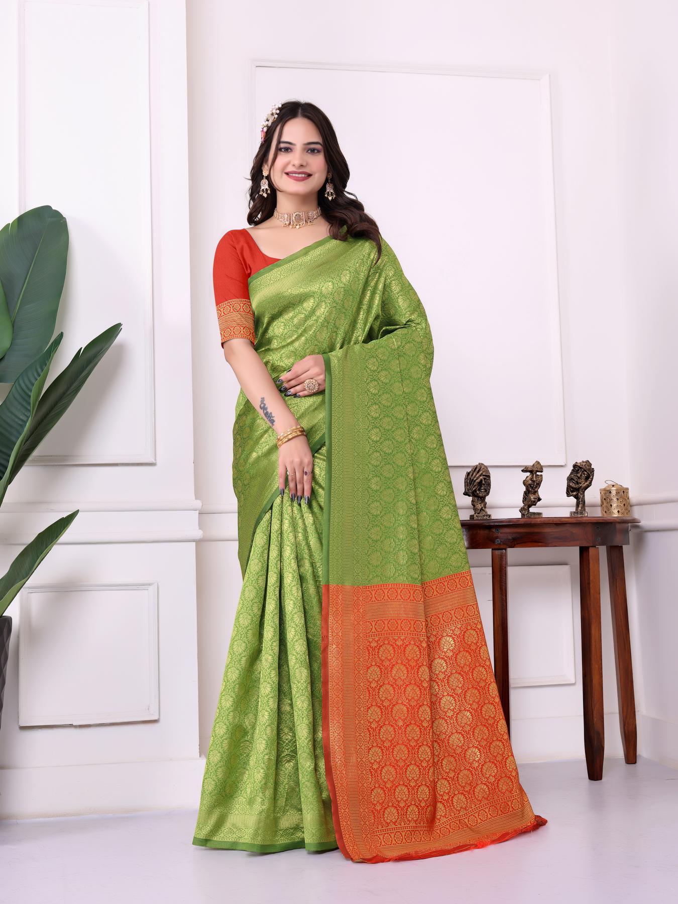 Green Red Art Silk Designer Saree