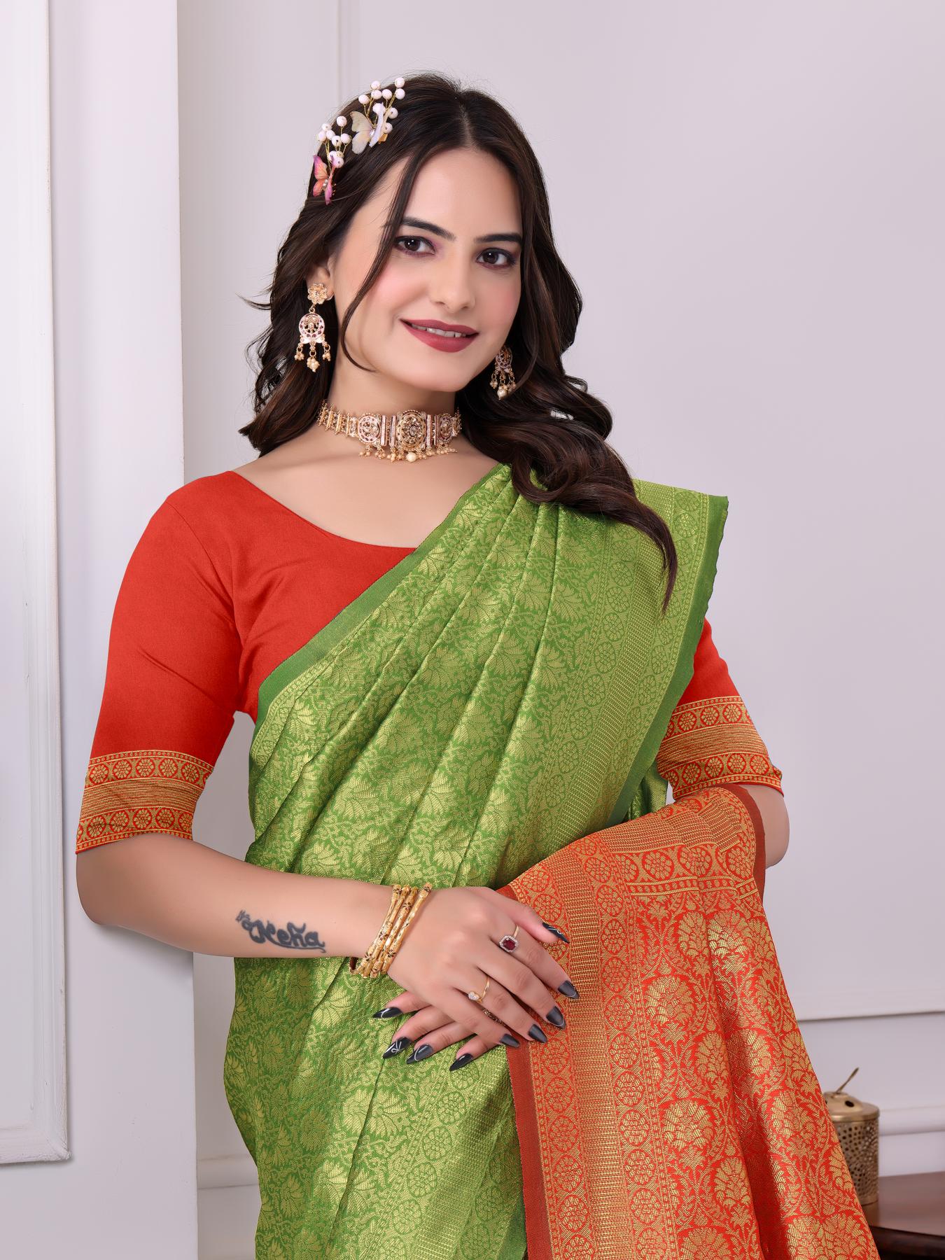 Green Red Art Silk Designer Saree