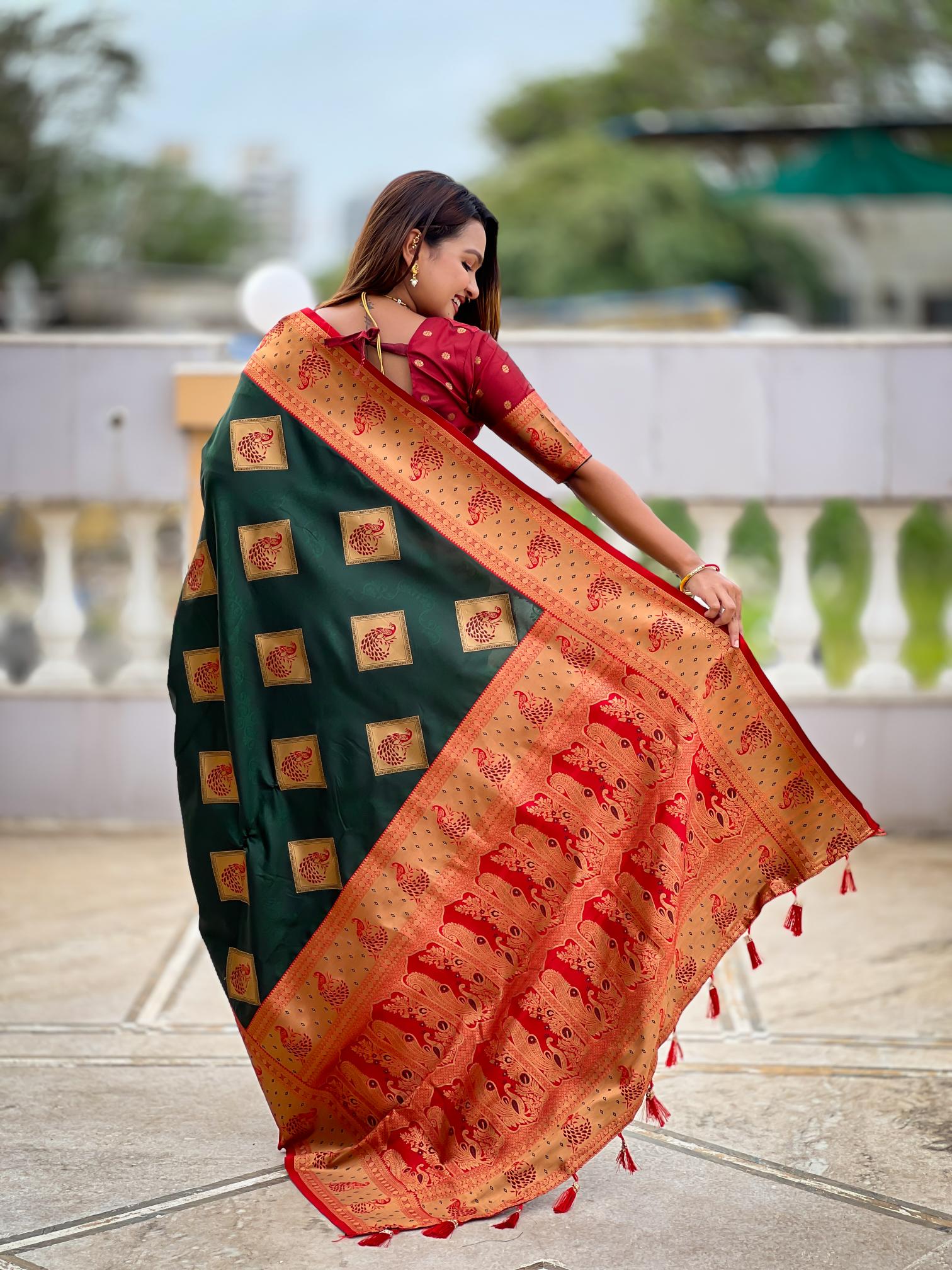 Green Red Banarasi Silk Saree — alternate view