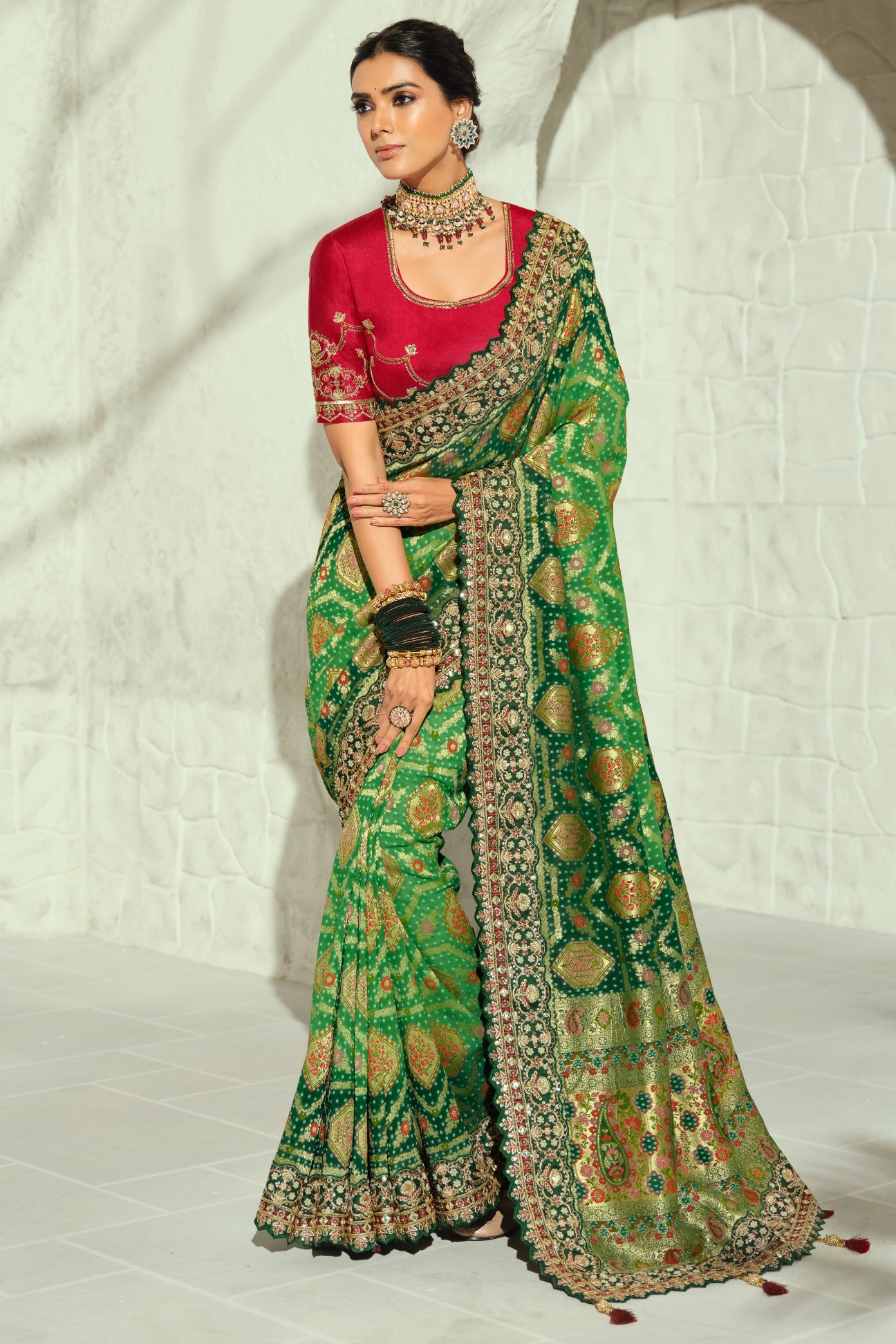 Green Red Bandhej Moti Work Georgette Saree