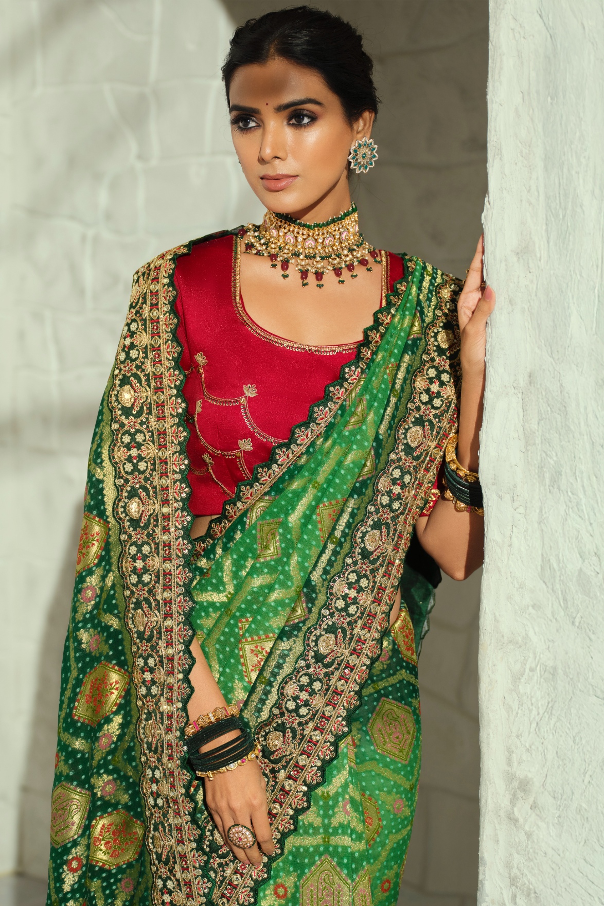 Green Red Bandhej Moti Work Georgette Saree — alternate view