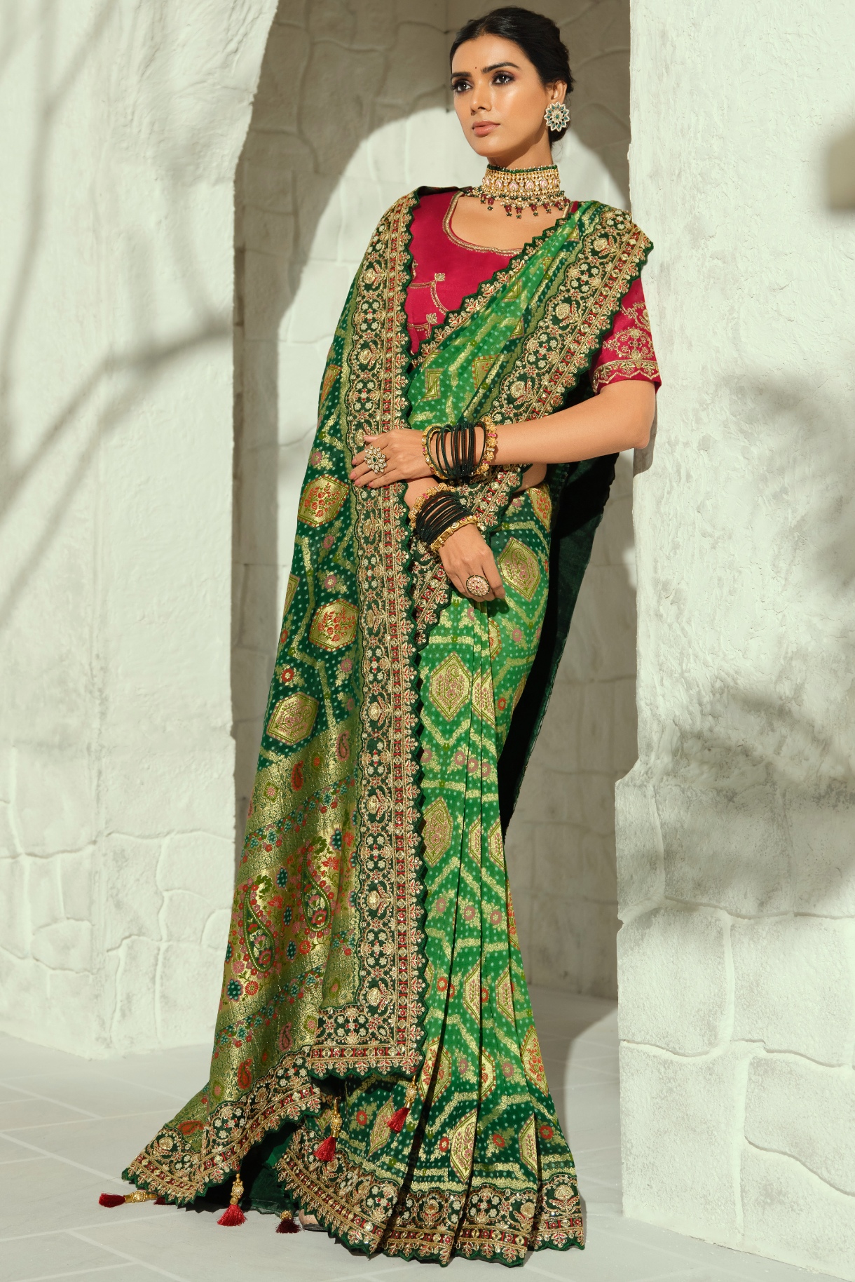 Green Red Bandhej Moti Work Georgette Saree