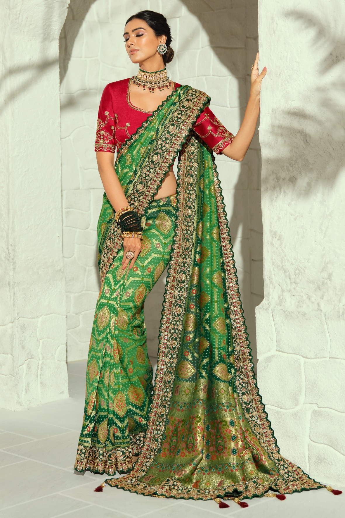 Green Red Bandhej Moti Work Georgette Saree