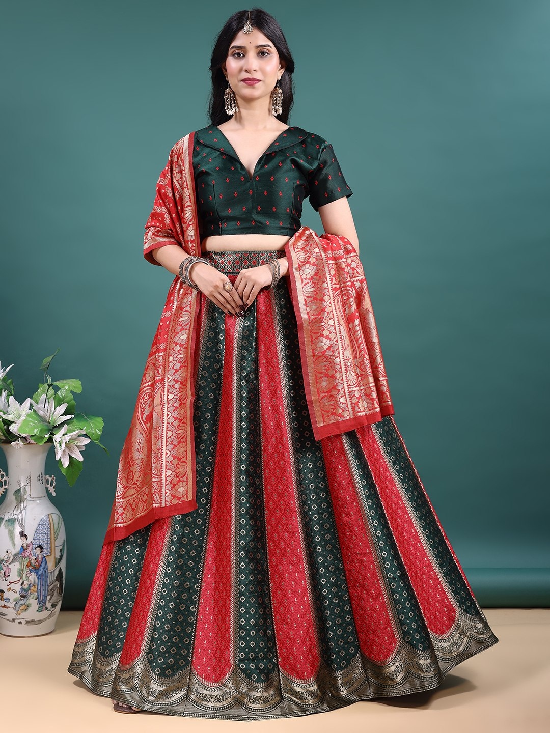 Green Red Jacquard Work Soft Jacquard Lehenga Choli