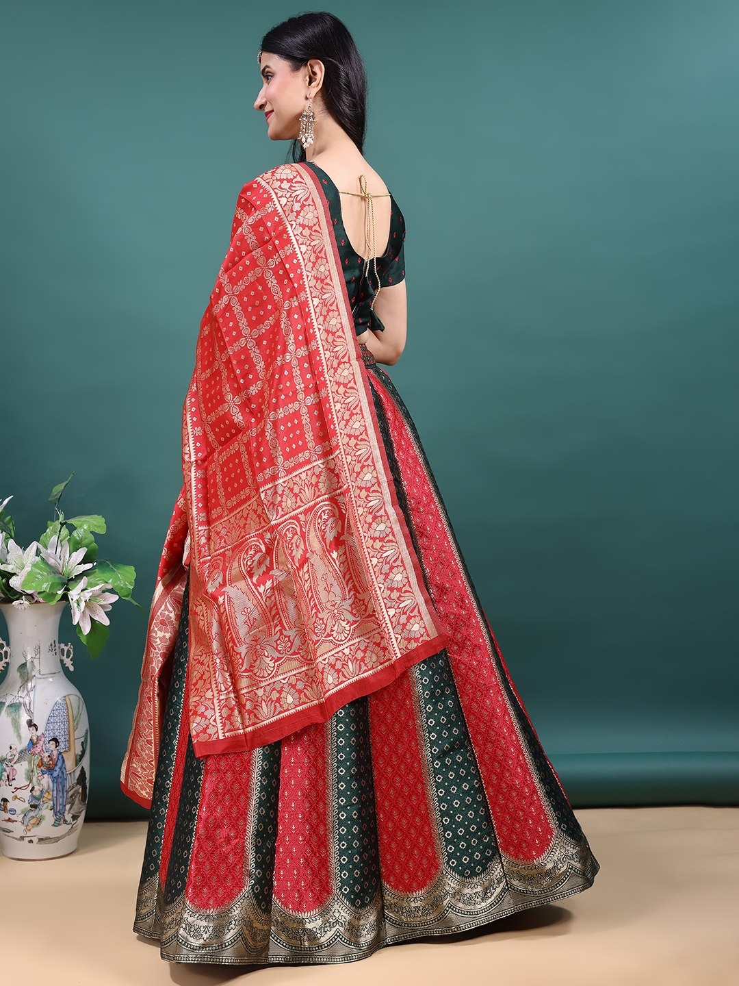 Green Red Jacquard Work Soft Jacquard Lehenga Choli — alternate view