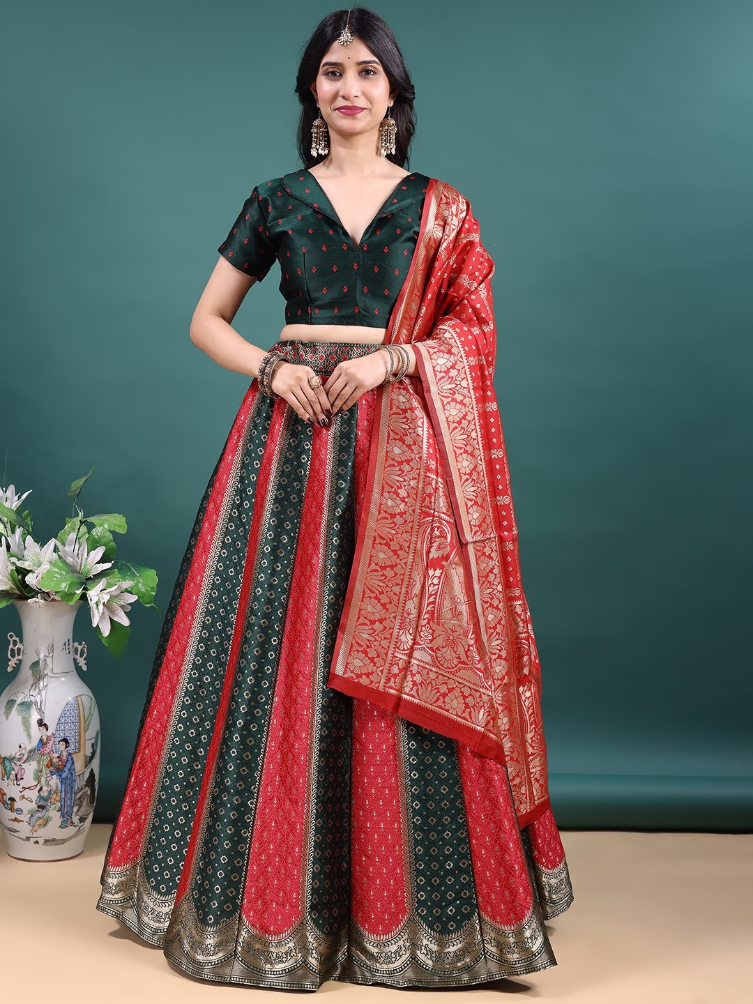 Green Red Jacquard Work Soft Jacquard Lehenga Choli