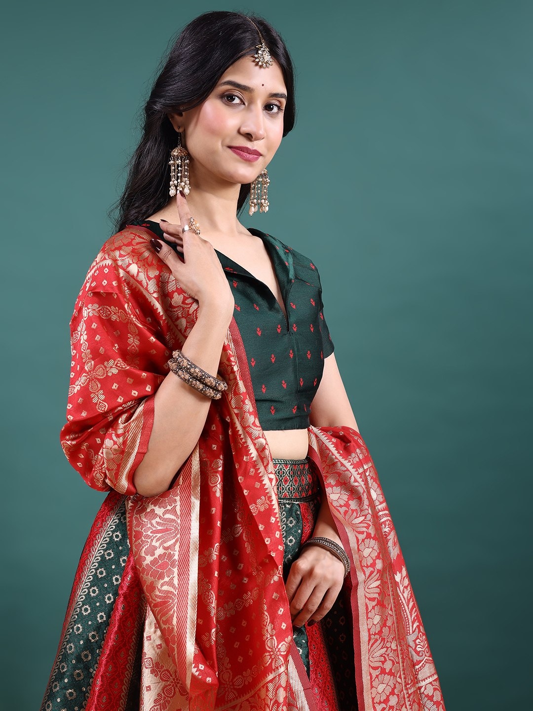 Green Red Jacquard Work Soft Jacquard Lehenga Choli