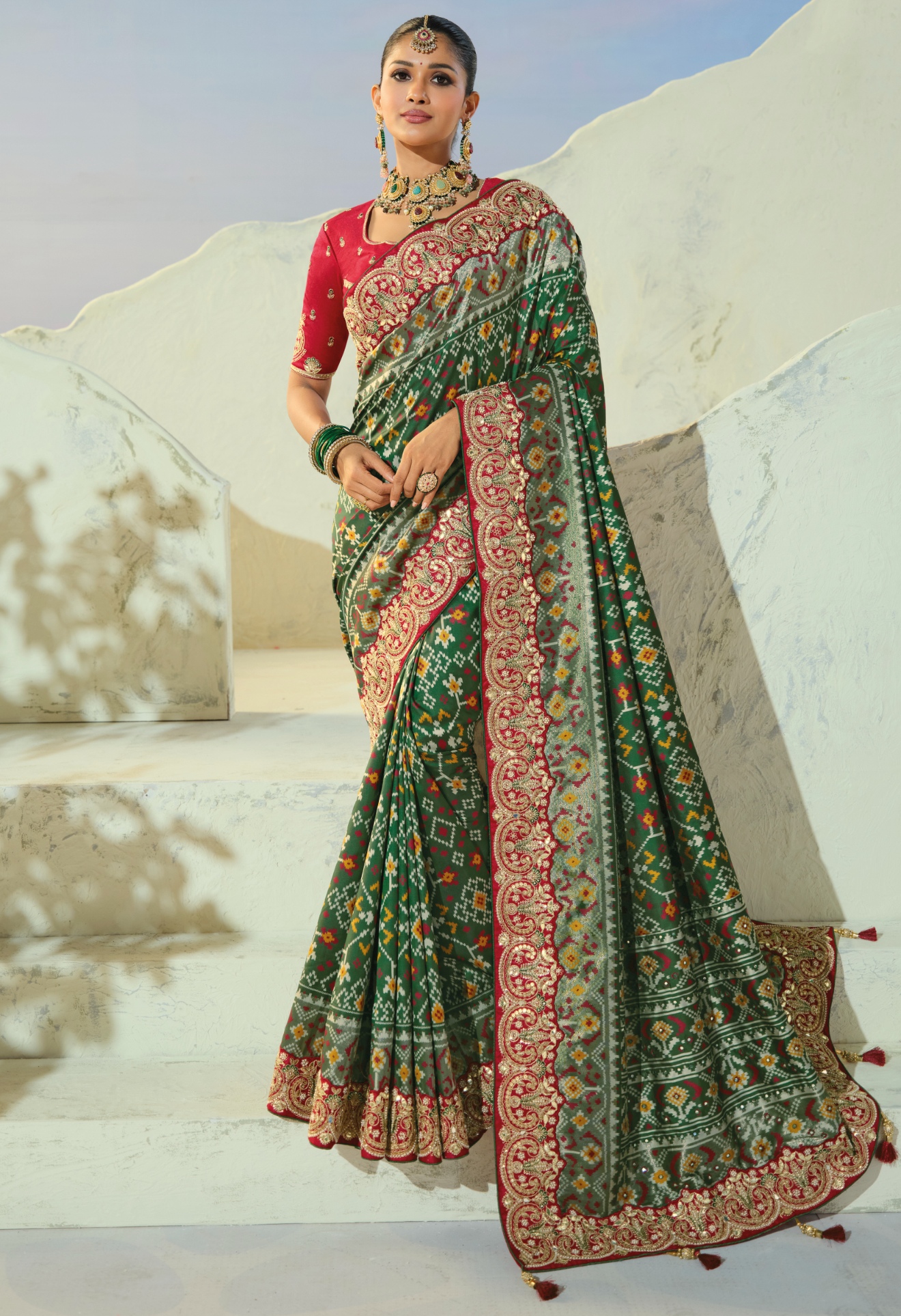 Green Red Patola Mirrorwork Pure Patan Saree
