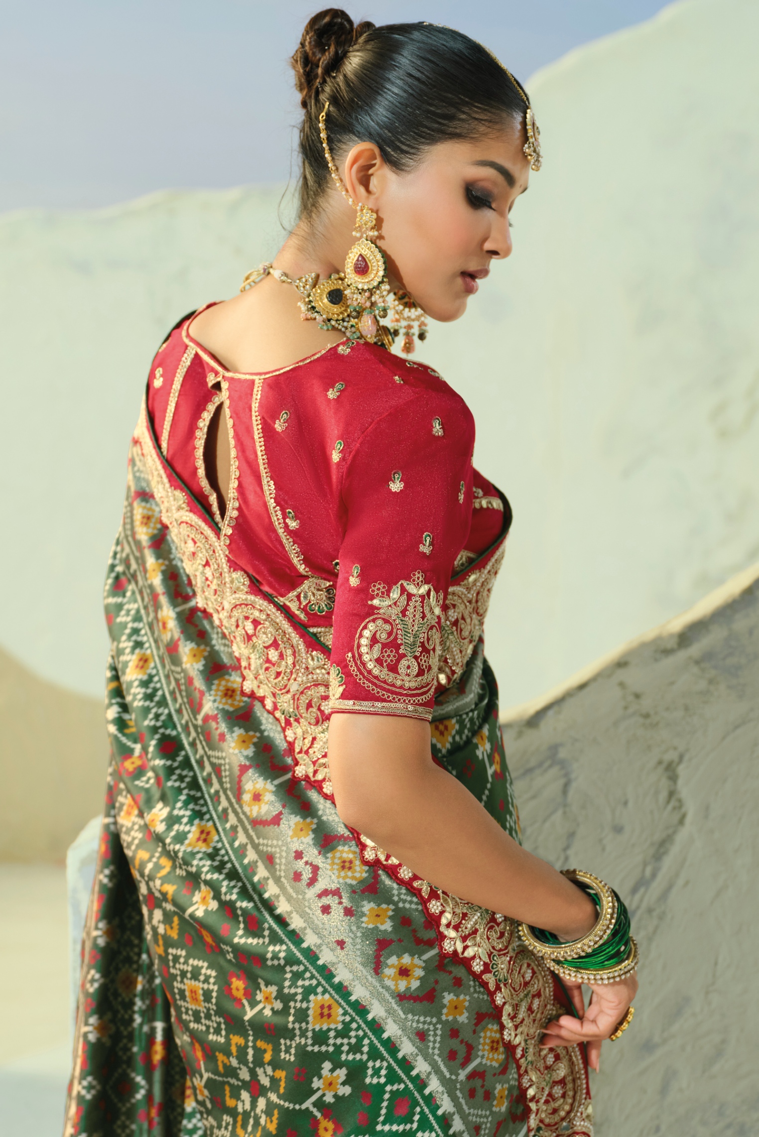 Green Red Patola Mirrorwork Pure Patan Saree — alternate view