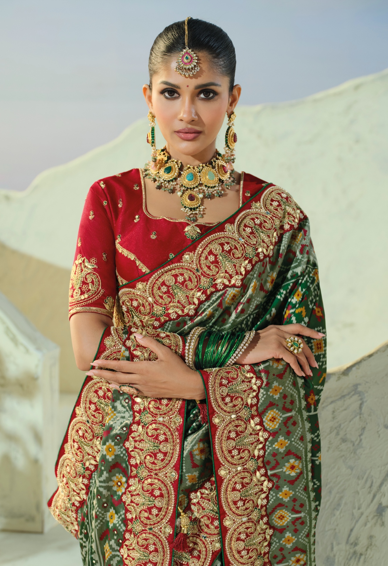 Green Red Patola Mirrorwork Pure Patan Saree