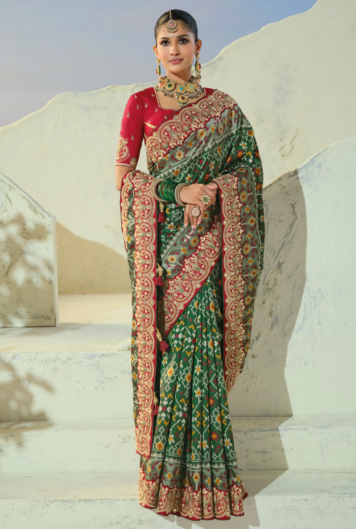 Green Red Patola Mirrorwork Pure Patan Saree