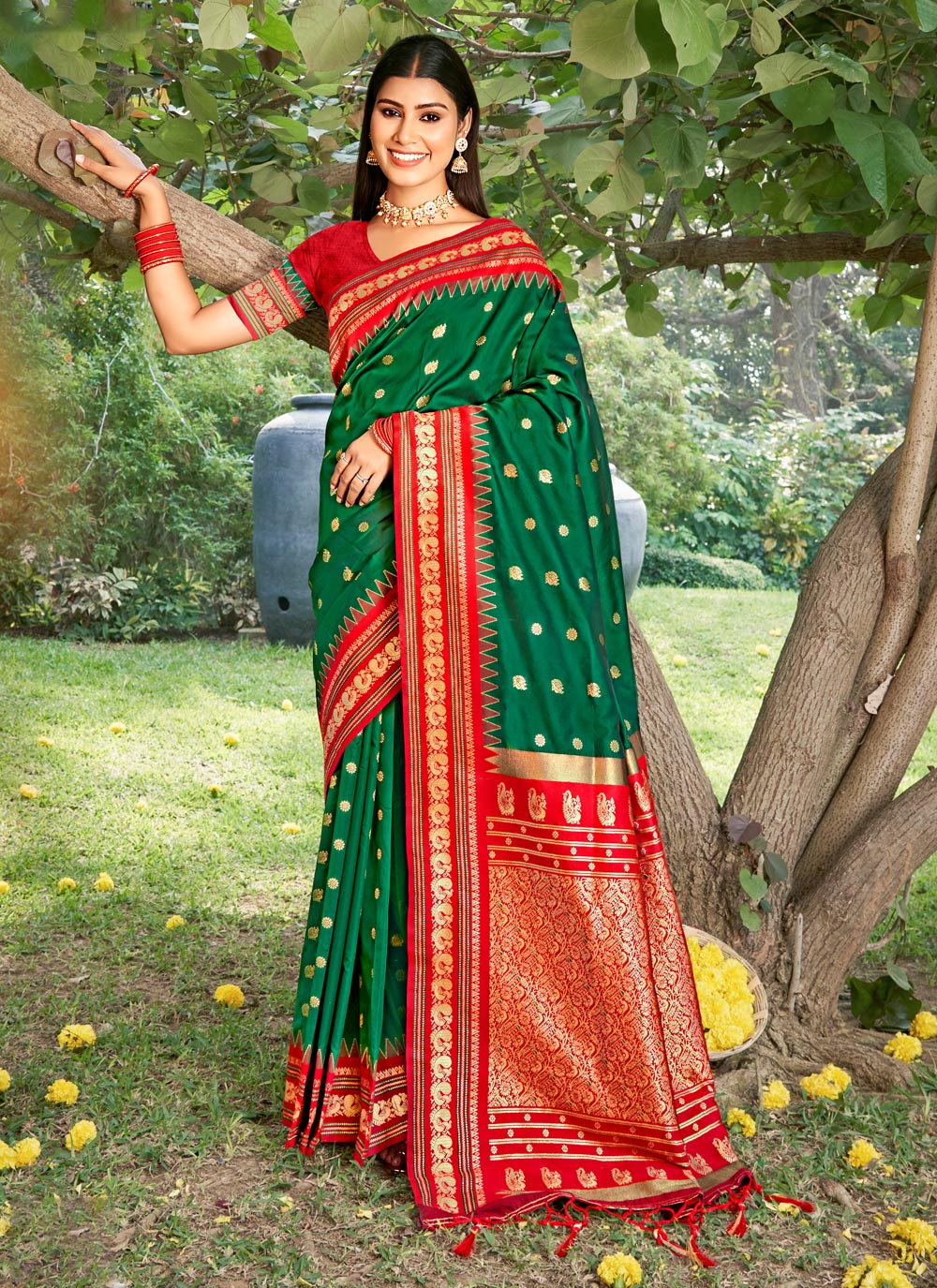 Green Red Woven Soft Silk Saree