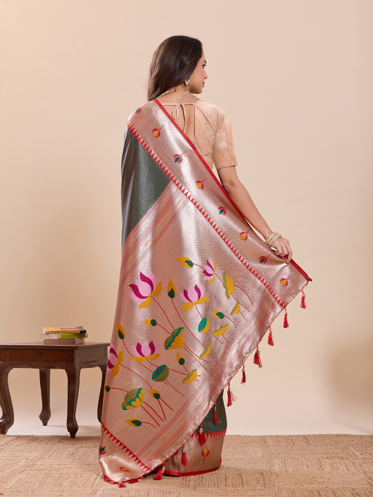 Green Red Zari Designer Soft Silk Saree — alternate view