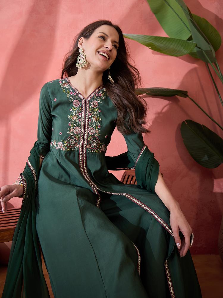 Green Roman Silk Palazzo Suits