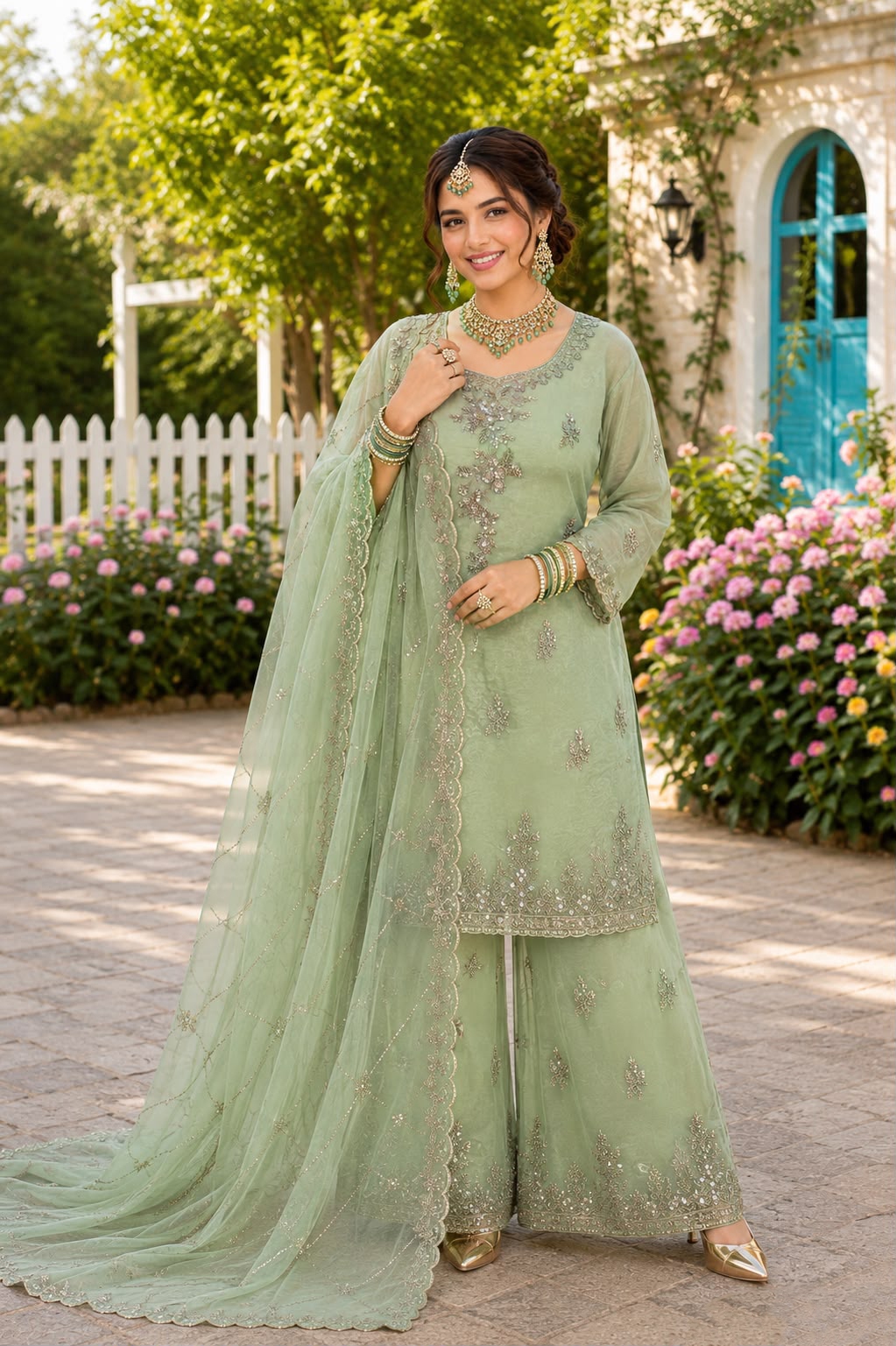 Green Rose Gold Beadwork Palazzo Suit