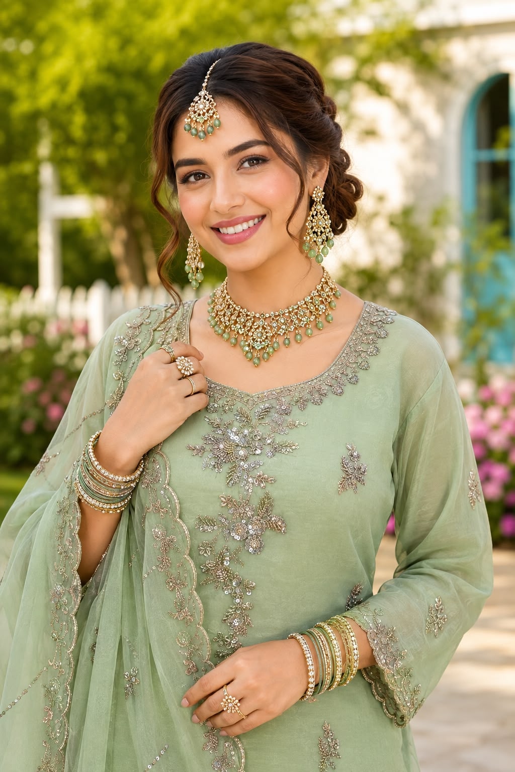 Green Rose Gold Beadwork Palazzo Suit