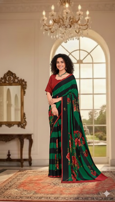 Green-Rust Digital Printed Crepe Silk Saree