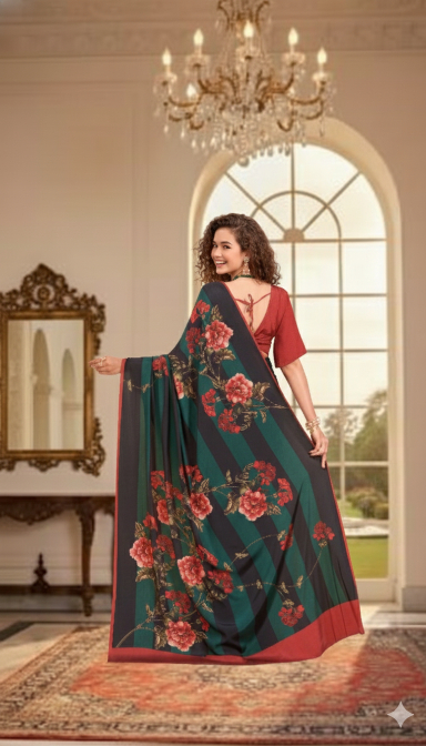 Green-Rust Digital Printed Crepe Silk Saree — alternate view