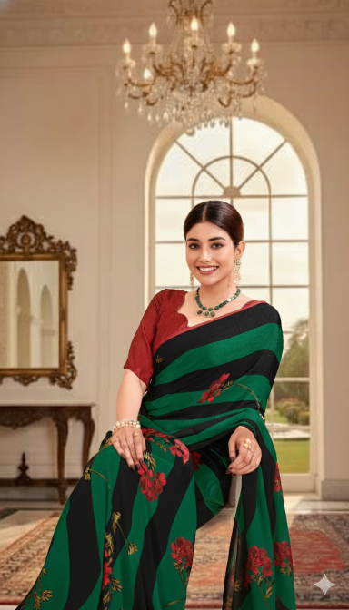 Green-Rust Digital Printed Crepe Silk Saree