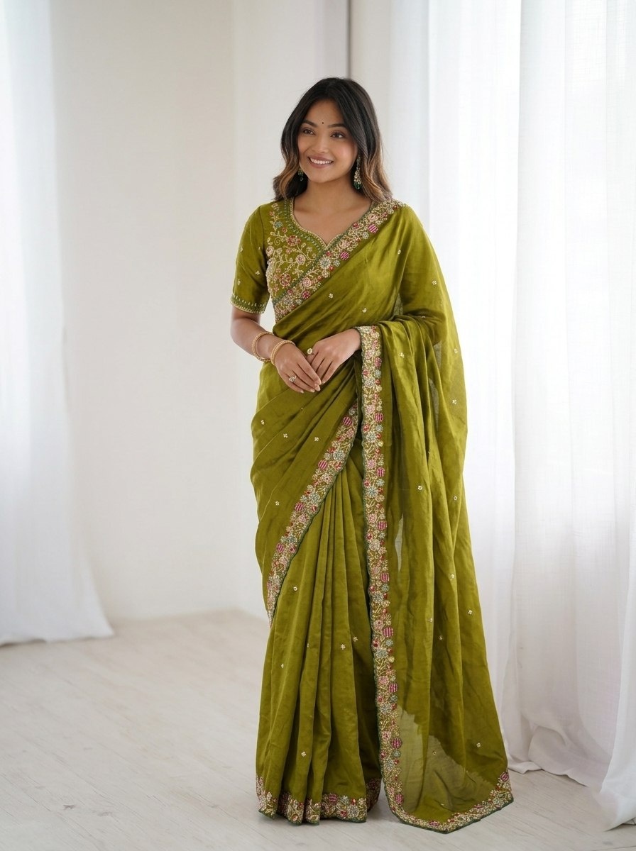 Green Satin Silk Embroidered Fluid Saree