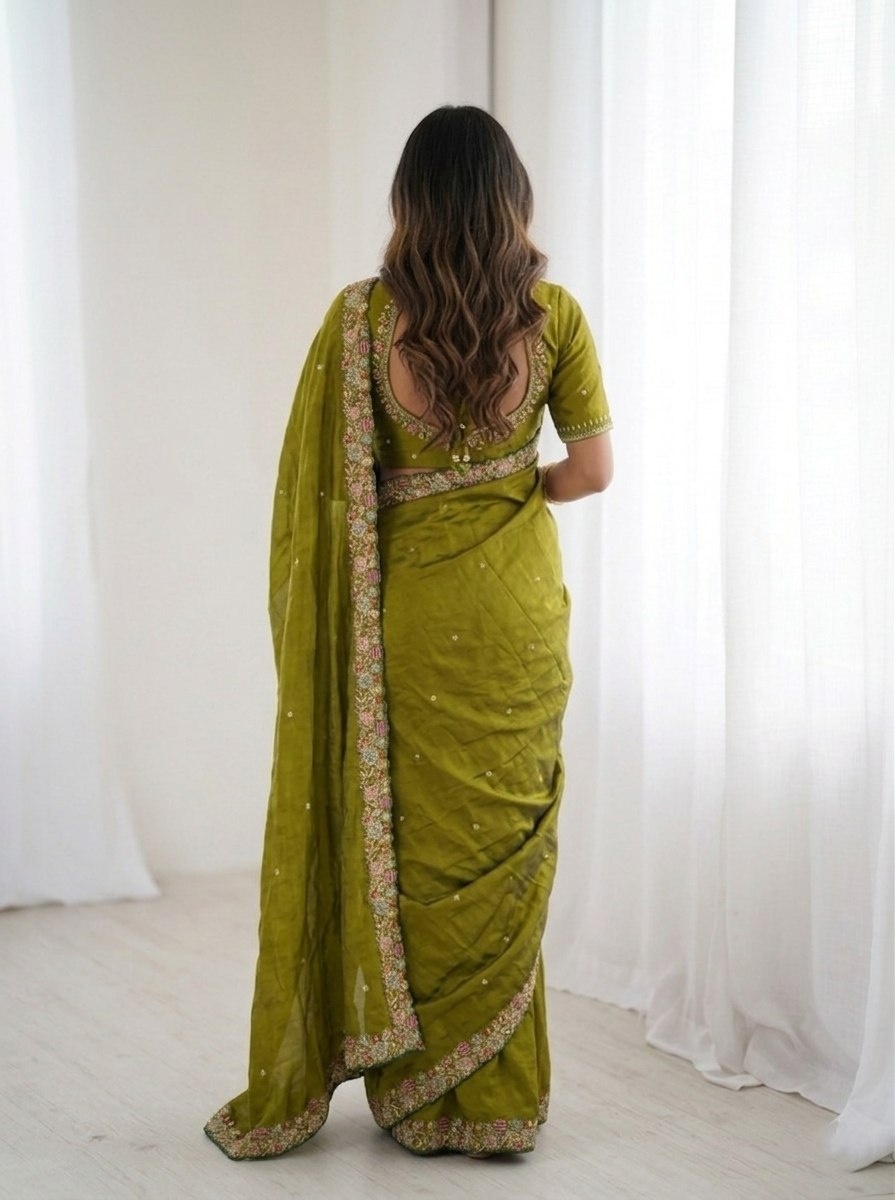 Green Satin Silk Embroidered Fluid Saree — alternate view