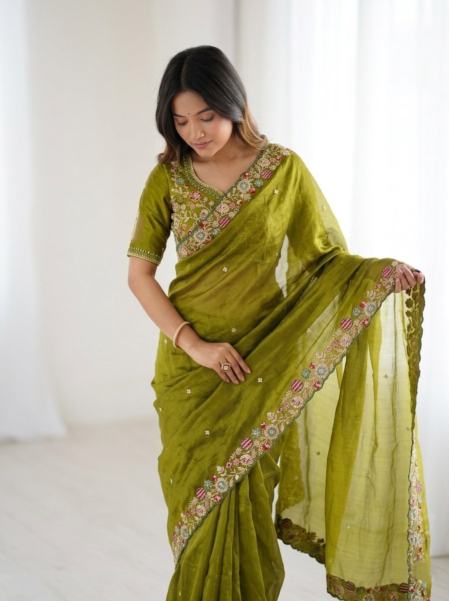 Green Satin Silk Embroidered Fluid Saree